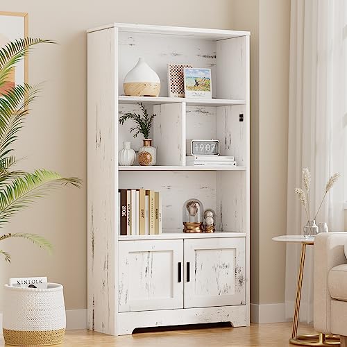 Modern White Bookcase with LED Lights and Storage Cabinet by GAOMON - WoodArtSupply