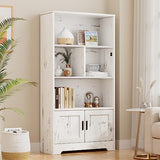 IDEALHOUSE Wood Bookcase with Doors White Bookshelf with LED Lights Modern Storage Rack 3 Shelf Standing Bookshelves Large Display Shelf Unique Book IDEALHOUSE