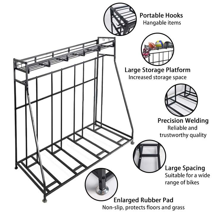 Kapler Bike Stand Rack - 4-Bicycle Floor Parking with Storage Basket & Anti-Slip Base for Garage Backyard Indoor & Outdoor Use - Fits Mountain Road & Hybrid Bikes Kapler