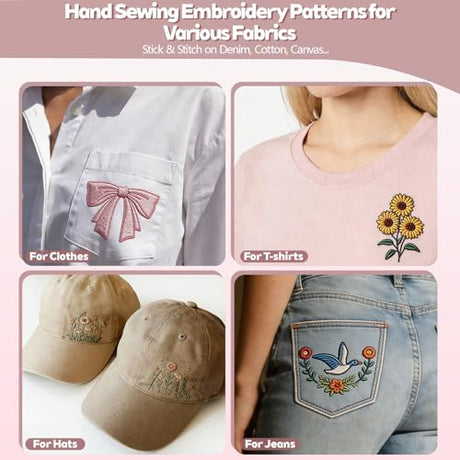 CLRDIVA Hand Embroidery Kit for Clothes: 120 Trendy Designs Flower Embroidery Patterns Stick and Stitch Transfers - Stamped Water Soluble Stabilizers for Adult Experienced Crafters DIY T-Shirts Jeans CLRDIVA