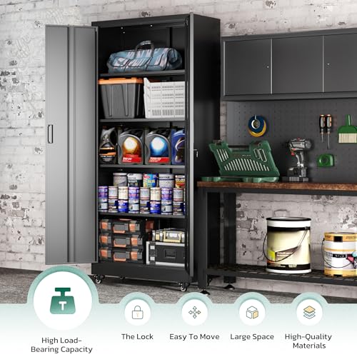 Greenvelly 73" Storage Cabinet with Wheels,Metal Rolling Garage Cabinet with Locking Doors and 4 Adjustable Shelves for Home,Kitchen,Office,Warehouse(32" W x 16" D) Greenvelly