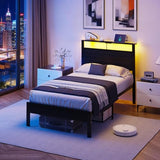 Kbun Twin Bed Frame with LED Lights & USB Charging Station, Black Metal Platform Bed with Storage Headboard, Under-Bed Space, Noise-Free & Sturdy, No Box Spring Needed, Easy Assembly Kbun