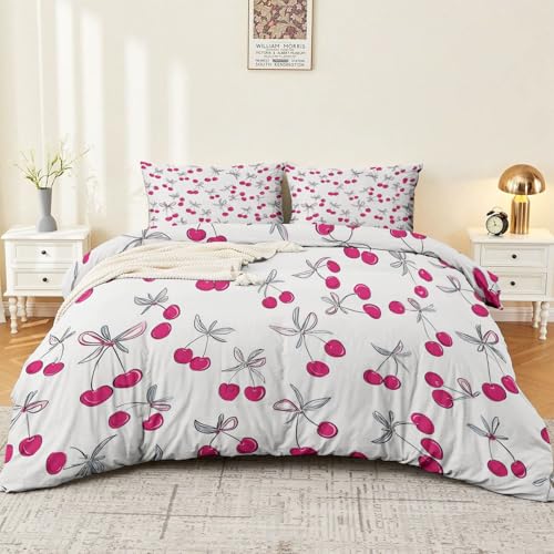 3-Piece Double-Sided Printed Duvet Cover Set Single – Soft Microfiber Bedding with Minimalist Cherry Romantic Design with Zipper Closure,Includes 1 Duvet Cover + 2 Pillowcases Light Color Generic