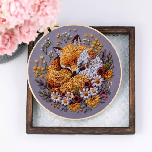 Needlework Embroidery Kit for Beginners,Cute Fox Pattern Handmade Cross Stitch Sewing Art Craft Kit with Stamped Design Cotton Threads Needles Hoop for Home Decor