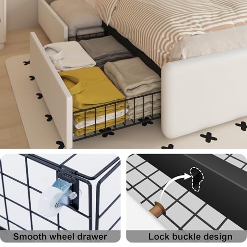 Benevika Full Bed Frame with 4 Storage Drawers and Adjustable Headboard, Upholstered Platform Bed with LED Lights and USB Ports, Solid Wooden Slats Support, Faux Leather, Easy Assembly, Beige Benevika