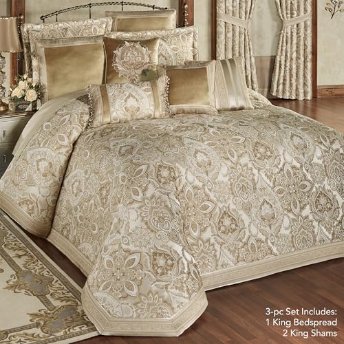 Albany Luxury Bedding | Soothing Neutral Tones of Champagne and Ivory | Jacobean Floral Inspired Damask, Medallions, and Stripes | 3 Piece Bed Set Includes Oversized King Bedspread and 2 King Shams J. Queen New York