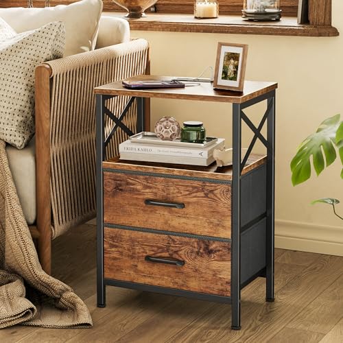 Huuger Nightstands Set of 2, Night Stand with Charger Station, 2 Drawer Side Table with Open Shelf, USB-C Port, End Table for Small Spaces, X Shaped Side Rail, Rustic Brown Huuger