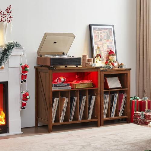 Joaxswe Large Record Player Stand with Charging Station & LED Lights, Brown Vinyl Record Storage Holder Holds up to 230 Albums, Turntable Stand with Display Shelf for Music Room Bedroom Living Room. Joaxswe