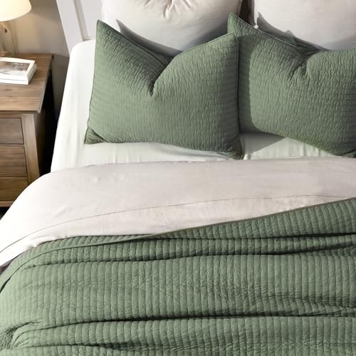 EVERGRACE Cross Stitch Pre-Washed Cotton Quilt Bedding Set King Size, Oversized 3 Pieces Lightweight Bedspread Coverlet for All Season, with 2 Matching Shams, Olive Green,108"x96" EVERGRACEHOME