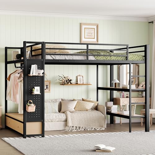 ICIUIOIR Queen Loft Bed Frame with Shelves, Drawers, Pegboard and Wardrobe, All-in-One Black Storage Loft Beds for Adults, MDF + Metal Bed Frame, Space-Saving Design for Bedroom/Queen ICIUIOIR