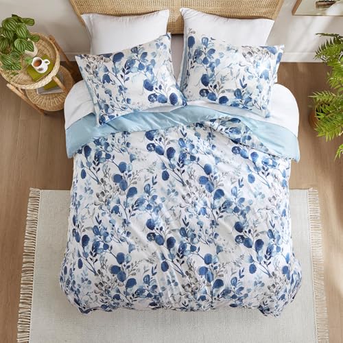 Regency Heights Lightweight Seersucker Botanical Queen Size Comforter Set, 3 Pieces Reversible Design Bed Comforter, Premium Microfiber Bedding Set, Comforter and Shams Set, Blue Regency Heights