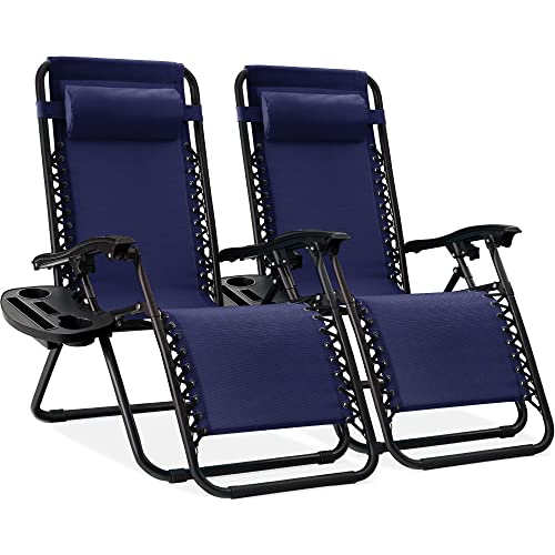 Best Choice Products Set of 2 Adjustable Steel Mesh Zero Gravity Lounge Chair Recliners w/Pillows and Cup Holder Trays - Navy Blue