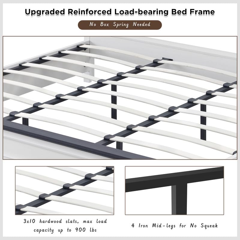 ACCOHOHO Rustic King Size Bed Frame with Tall Full-Panel Headboard and Storage Drawers in Antique White ACCOHOHO
