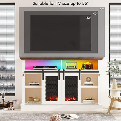 Farmhouse TV Stand for TVs Up to 55 Inches, Entertainment Center with LED Lights, Modern Media Console Table with Sliding Barn Door, White - WoodArtSupply