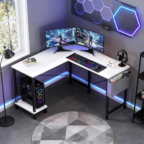 Alpen L Shaped Gaming Desk, Small Computer Desk, 50 Inch Wide Corner Desk, Work from Home Desk, Study Table for Bedrooms, PC Writing Table with Storage and Reversible Shelf, White Alpen