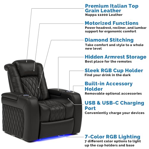 Valencia Tuscany Home Theater Seat - Nappa Leather Power Recliner with Cool Gel Memory Foam, USB-C/USB-A Charging, RGB LED Lights, Adjustable Lumbar & Headrest (Row of 2, Black)
