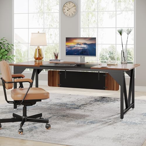 LITTLE TREE 70.8" Executive Desk with 35.4" File Cabinet, L-Shaped Computer Desk, Wood Office Desk for Home Office - WoodArtSupply