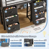 Low Loft Bed Twin Size with 7 Storage Drawers, Desk and LED Lights, Heavy Duty Metal Kids Loft Bed with 12" H Safety Guardrail, Anti-Collision Pad, Private Play Curtain, Under-Bed Play Space - Black Jocoevol