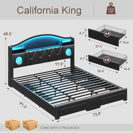 California King Bed Frames, Cal King Bed Frame with Storage Headboard & 6 Drawers, Platform Bed with with LED Lights & Charging Station, Noise-Free, No Box Spring Needed, Easy Assembly, PU Black Tagafi