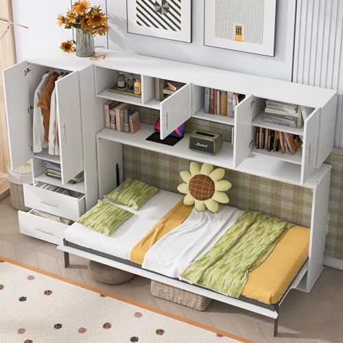 FAVSH Twin Size Murphy Bed Built-in Wardrobe and Table, Fold-The-Way Bed,with Open Shelves and Storage Drawers,Space-Saving Hidden Bed,Wall Bed for Bedroom.White FAVSH