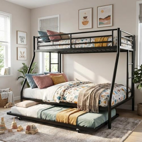 Nuturelly Metal Bunk Bed Twin Over Full with Trundle, Heavy Duty Steel Frame Bunk Bed Frame with Safety Guardrails & Ladder, Space Saving 3 Beds for Kids, Teens, Dorm, Black Nuturelly