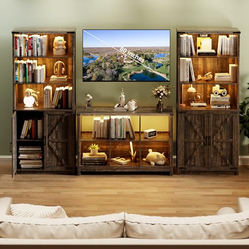 FREDEES Mid Century Modern 6-Cube Bookcase with LED Lights and Charging Station - Farmhouse Black Shelving Unit for Living Room, Bedroom, or TV Stand - WoodArtSupply