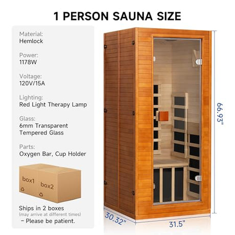 RESTISLAND Full Spectrum Infrared Sauna, 1 Person Home Infrared Sauna with Red Light Therapy, Indoor Canadian Hemlock Wood Dry Saunas Room,1178w/120v, Foot Warmer, 7 Heating Panels, Bluetooth Speakers RESTISLAND