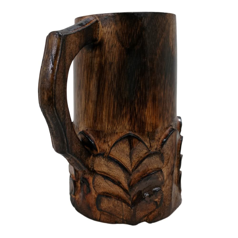 Handcrafted Wooden Beer Mug with Handle Antique Color Floral Cut Design Viking Renissance Beer Tankard Fantasy Mug Rustic Handmade Wood Beer Groomsmen - WoodArtSupply