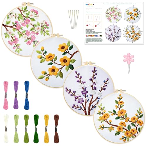 INFUNLY 4 Pack Seasons Flowers Embroidery Starter Kit for Beginners Branches Leaves DIY Embroidery Kits for Adults Stamped Needlepoint Set with Step-by-Step Instructions Threads Craft Lover Gift