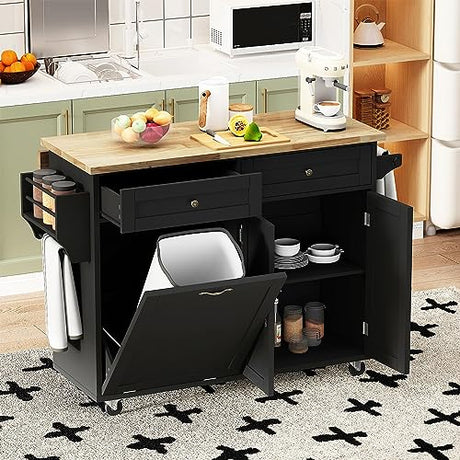 Fingertip WD Rolling Kitchen Island with Drop Leaf - Kitchen Trash Cabinet Tilt Out 10 Gallon Storage, Storage Islands Movable Carts with Rubberwood Top, Spice Rack and Drawers for Dining Room(Black) Fingertip WD