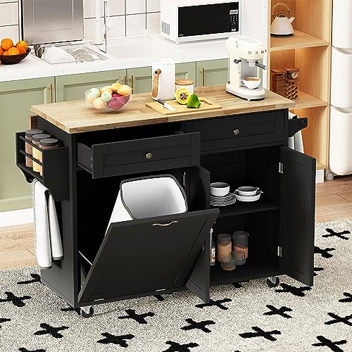 Fingertip WD Rolling Kitchen Island with Drop Leaf - Kitchen Trash Cabinet Tilt Out 10 Gallon Storage, Storage Islands Movable Carts with Rubberwood Top, Spice Rack and Drawers for Dining Room(Black)