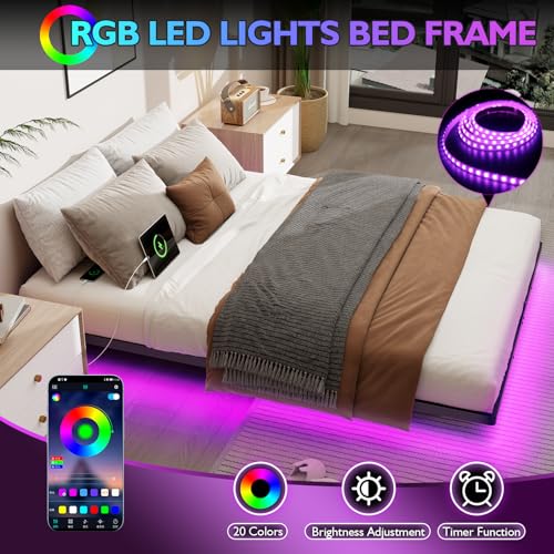 Mashomdec Queen Size Floating Metal Bed Frame with Smart LED Lights & Charging Station, Metal Platform Bed Base No Box Spring Needed, Easy Assembly, Noise Free Mashomdec