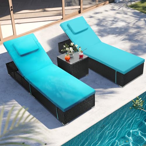 Murago Outdoor Chaise Lounge Chairs, All-Weather Wicker Pool Lounge Chair Set of 2 with Side Table, Adjustable Backrest & Washable Cushions for Patio, Poolside, Beach, Light Blue