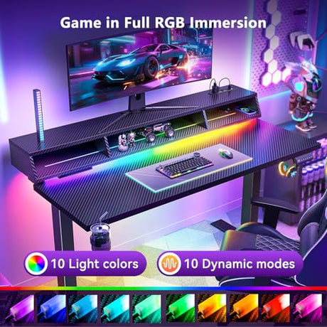 OffiGo Gaming Standing Desk with LED Light, 48 Inch Electric Height Adjustable Table with Power Outlet & Floating Monitor Stand, Sit Stand Computer Workstation for Home, Bedroom, Black OffiGo