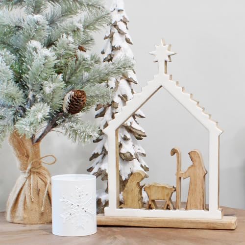 AuldHome Wood Enamel Nativity Scene, Rustic Mango Wood w/Enamel Christmas Decor Statue