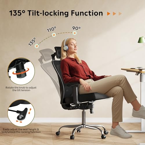 DEVAISE Ergonomic Mesh Office Chair with Adjustable 3D Headrest and Tilt Function, Big and Tall Reclining Comfy Home Computer Desk Chair with Lumbar Support and 3D Armrests, Black DEVAISE