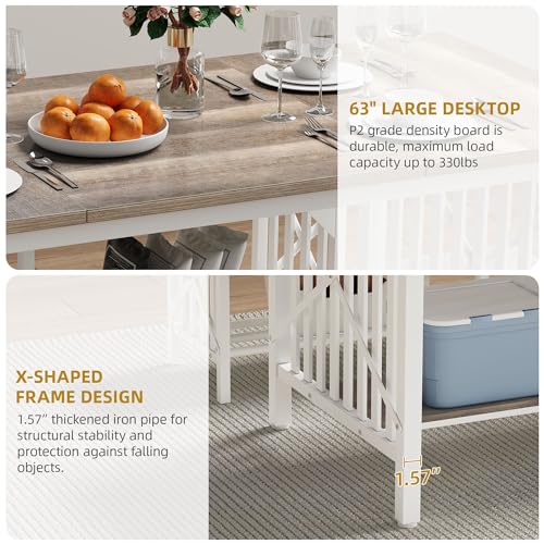 DWVO 3-Piece Dining Table Set for 4-6 People, 63" Dining Room Table with 2 Benches, Industrial Rectangular Dining Room Table Set with Storage for Kitchen, Dining Room, Washed Grey DWVO