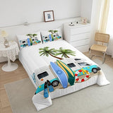 Erosebridal Ocean Beach Down Comforter Full Size, Cartoon Surfboard Bus Bedding Set, Palm Trees Comforter Set for Kids Boys Girls Teens, Tropical Coastal Summer Holiday Duvet Insert Bedroom Decor Erosebridal