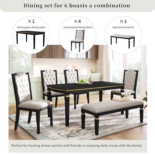 Merax 6-Piece Dining Table Set, 60" Solid Wood Rectangular Table with 4 Upholstered Chairs and 1 Bench, Modern Farmhouse for Kitchen Room, Black Merax