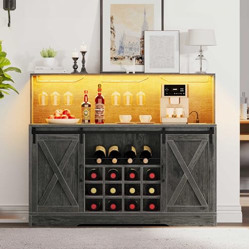 YITAHOME Farmhouse Coffee Bar Cabinet w/Power Outlets LED Lights 55" Sideboard Buffet Cabinet w/Sliding Barn Door Wine and Glass Rack Home Liquor Bar Cabinet with Storage Shelves for Kitchen, - WoodArtSupply