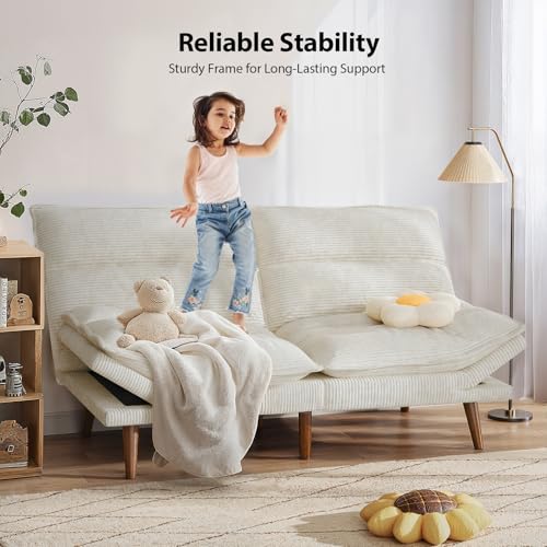 Pipishell Futon Sofa Bed, Convertible Futon Adjustable Backrest & Armrests, Corduroy Sleeper Couch for Small Spaces, Living Room, Office, Guest Room (Pearl White, 66 Inch) Pipishell