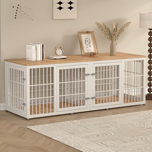 rehomerance 78 Inch Double Dog Crate Furniture, Heavy Duty Extra Large Cage Furniture with Divider for 2 Dogs, Decorative Wooden Kennel Indoor, Pet House for Large and Medium Dogs, White rehomerance