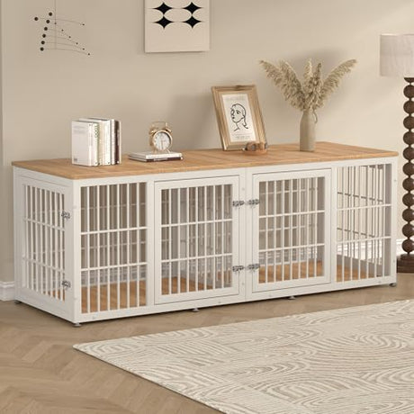 rehomerance 78 Inch Double Dog Crate Furniture, Heavy Duty Extra Large Cage Furniture with Divider for 2 Dogs, Decorative Wooden Kennel Indoor, Pet House for Large and Medium Dogs, White rehomerance