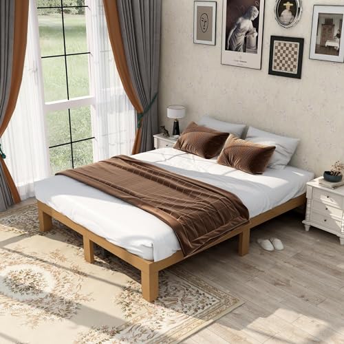 Dolonm Natural Pine Solid Wood Platform Bed Frame – Queen Size, No Box Spring Needed, Durable Support with 12-Inch Height - WoodArtSupply