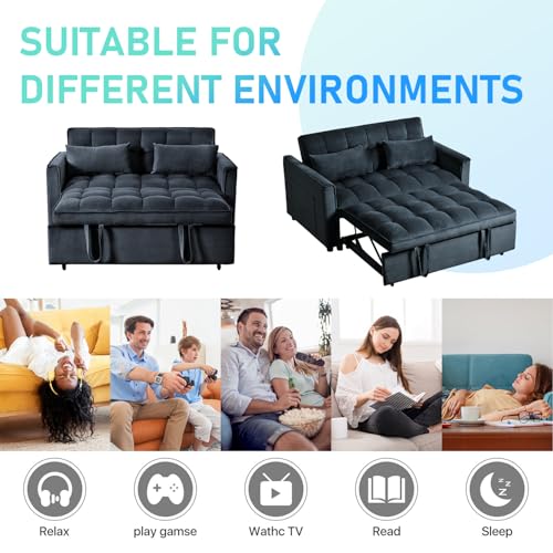 3 in 1 Convertible Sleeper Sofa Bed, Futon Couches for Living Room with Side Pocket | Adjustable Backrest| Velvet Fabric | Pull Out Couch | Love seat Sofa|2-seat Sofa Bed (Black) Generic