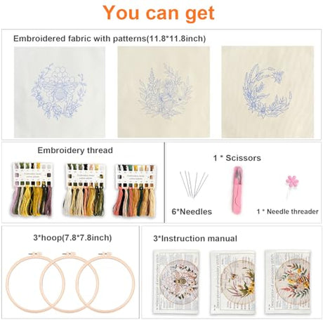 Myfelicity Embroidery kit for Adults, 3-Piece Bee and Butterfly Floral Designs, Including Tools Handmade Embroidery Hoop Art Set (Yellow) Myfelicity