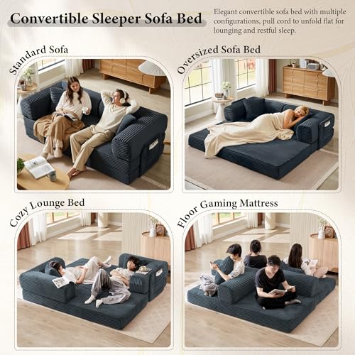 AUGOP Boneless Couch Folding Couches for Living Room Sofa, Futon Sofa Bed with Sleeper Sofa, Futon Couch with Fixed-Shape Oversized Corduroy Upholstered (Dark Gray, 81 Inches) AUGOP