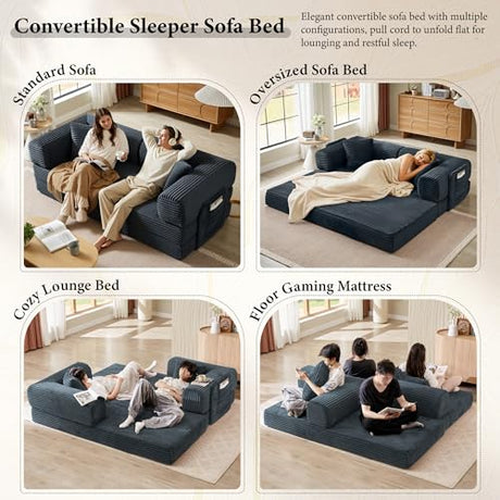 AUGOP Boneless Couch Folding Couches for Living Room Sofa, Futon Sofa Bed with Sleeper Sofa, Futon Couch with Fixed-Shape Oversized Corduroy Upholstered (Dark Gray, 81 Inches) AUGOP