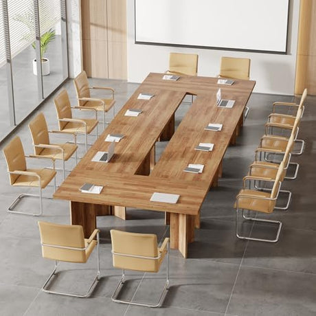 Tribesigns 10.5FT Conference Table, Large Rectangle Meeting Seminar Table for 10-12 Person, Long Wooden Business Tables (Set of 2, Walnut) Tribesigns