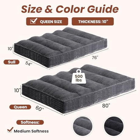 feliz home 10" Futon Mattress Queen Size,Futons Sofa Couch Bed with Straps, Thick Corduroy Floor Mattress for Adults, Roll Up Folding Mattress Shredded Foam Filling, Medium Firm (Gray, Queen) feliz home